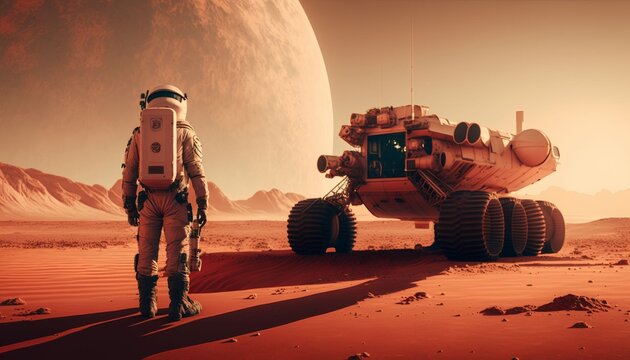 Astronaut in the mars rover on red planet surface explores the cosmic landscape, Generative AI