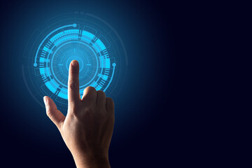 Hand touching digital hud virtual futuristic technology interface showing touch screen futuristic concept