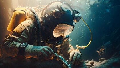 Diver in uniform repair pipe underwater, Generative AI