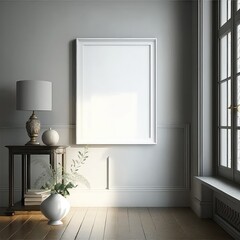 A blank canvase in a cozy room to showcase a painting or poster