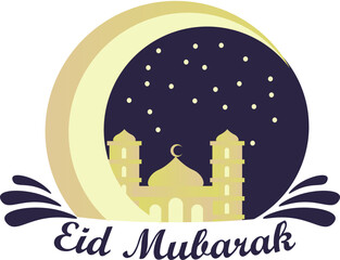a 3d image of a mosque and a crescent in cream color with the words eid mubarak to celebrate Eid al-Fitr
