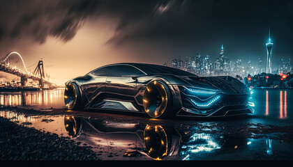 Futuristic concept of a fast car on a wet road at night. City in the background. Created with Generative AI