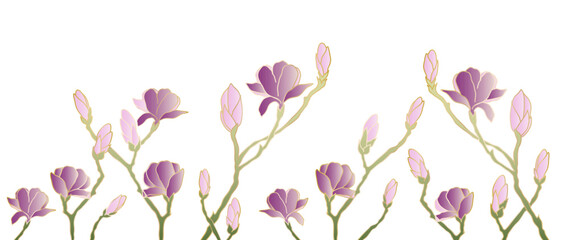 Luxury floral botanical vector background. Elegant pink magnolia with golden frame, flowers, leaves, branches hand drawn. Elegant design for banner, invitation, packaging, wall art.