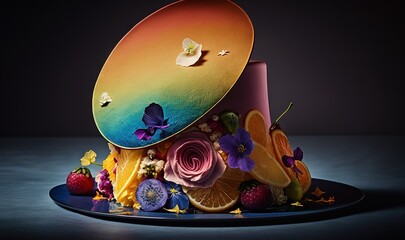 Fototapeta na wymiar a colorful cake with flowers and fruit on a blue plate. generative ai