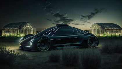 Fototapeta premium Electric concept car offroad at a farm at sunset. Created with Generative AI