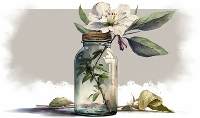  a painting of a jar with flowers in it and leaves around it.  generative ai