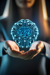 Women holding glowing virtual ai brain icon, generative AI