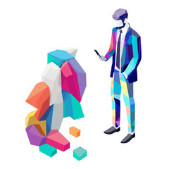 Isometric illustration of a businessman using a smartphone while standing. Generative AI.
