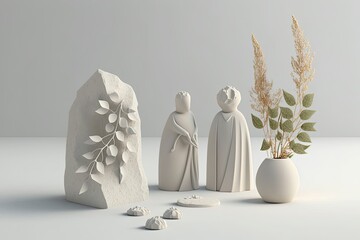 Stone sculptures with flowers on white backdrop, copyspace, concept basic home interior design. Generative AI