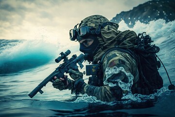 Navy Seal Armed with an AR 15 After Amphibious Combat Training