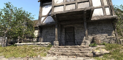 Fototapeta na wymiar Photorealistic 3D illustration of a medieval village. Porch with stone steps leading to a medieval house. Stony ground with grass.