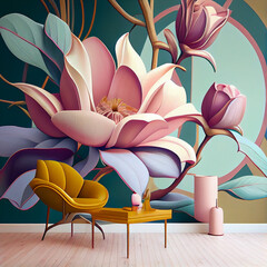 Magnolia Wallpaper: Bringing Eclectic Interior Design to Life in Modern Living Rooms, created by Generative AI