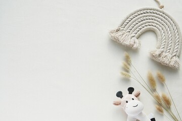 Childhood background, bohemian style baby, kids, nursery concept image, macrame rainbow, toy and bunny tail grass, flat lay, space for text or product.