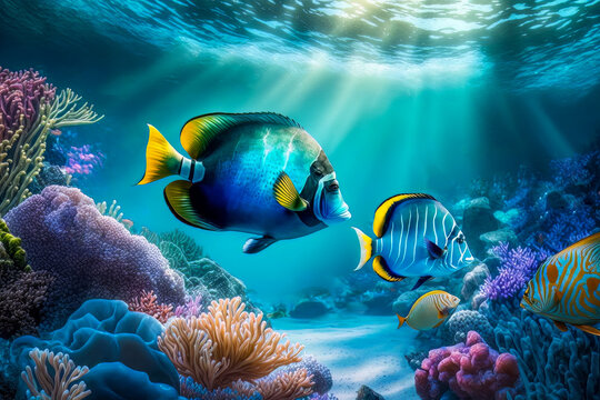 Underwater Scene With Tropical Fish And Coral Reef .