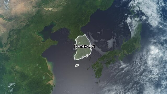 South Korea map, zooming in from the space through a 4K photo real animated globe, with a panoramic view consisting of Asia, Africa and Eurasia. Epic spinning world animation, Realistic planet earth