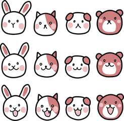 アイコン風動物の顔カラーイラストセット