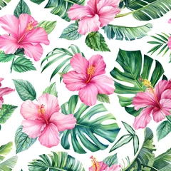 Tuinposter Pink hibiscus and leaves. Tropical flowers watercolor. Jungle seamless pattern, floral background. Palm leaf © Hanna