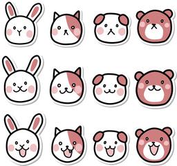 アイコン風動物の顔カラーイラストセットシール風
