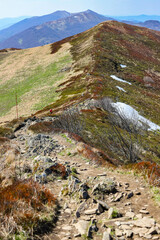 beautiful wild rocky trail in spectacular Bieszczady Mountains. Połonina Caryńska, Bieszczady National Park, Poland. 