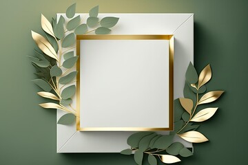 square invitation with gold geometric shapes with lovely greenery. Generative AI
