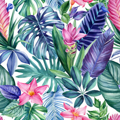 Tropical Leaves, watercolor Illustration. Trend jungle seamless pattern, floral background. Modern art