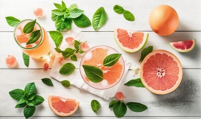  grapefruit, grapefruit, and mint juice on a white table.  generative ai