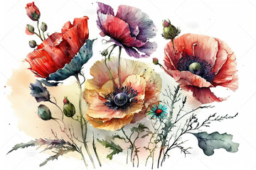 Multicolored flowers poppies on white background, floral pattern, space for copy and space for text greeting card for mother's day, women's day, wedding, holiday illustration. Generative AI.