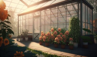 Fototapeta na wymiar a painting of a greenhouse with flowers in the foreground. generative ai