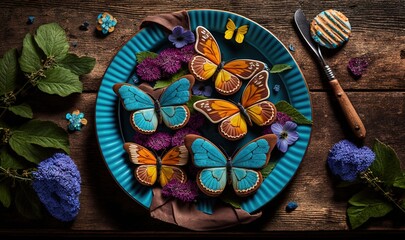  a blue plate topped with butterflies next to purple and blue flowers.  generative ai