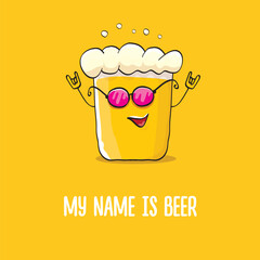 vector cartoon funky beer glass character with sunglasses isolated on orange background.vector beer comic label or poster design template. My name is beer or happy friday print illustration