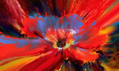  an abstract painting of red and blue flowers with a black background.  generative ai