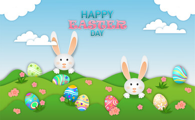 Easter Festival, Rabbit and Easter egg and flower of vector