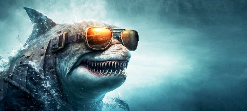 Fabulous punk shark wearing tinted sunglasses showing teeth, beware the sly guy.  Fantasy image created with generative ai