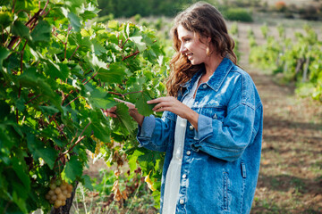 a woman in denim clothes in a vineyard of nature