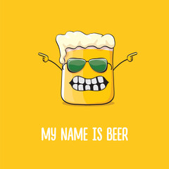 vector cartoon funky beer glass character with sunglasses isolated on orange background.vector beer comic label or poster design template. My name is beer or happy friday print illustration