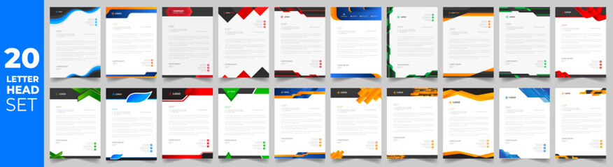 set of 20 Letterhead Bundle mega collection, Letterhead template set,  Corporate business letter head design template set with unique shape. business letterhead bundle.