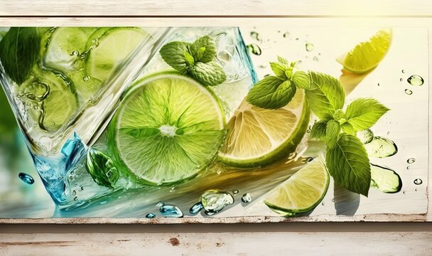  a picture of limes and limeade in a glass.  generative ai