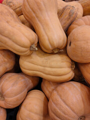 ripe yellow-orange pumpkins on the counter close-up