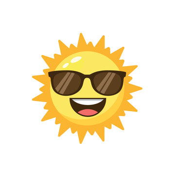 Sun smile isolated on white background. Sun with glasses cartoon style. Vector stock