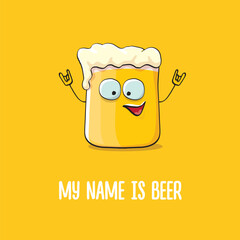 vector cartoon funky beer glass character with sunglasses isolated on orange background.vector beer comic label or poster design template. My name is beer or happy friday print illustration