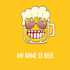 vector cartoon funky beer glass character with sunglasses isolated on orange background.vector beer comic label or poster design template. My name is beer or happy friday print illustration