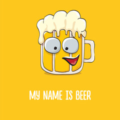vector cartoon funky beer glass character with sunglasses isolated on orange background.vector beer comic label or poster design template. My name is beer or happy friday print illustration