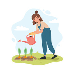 Woman with watering can. Female gardener watering plants in spring. Cute vector illustartion in flat cartoon style
