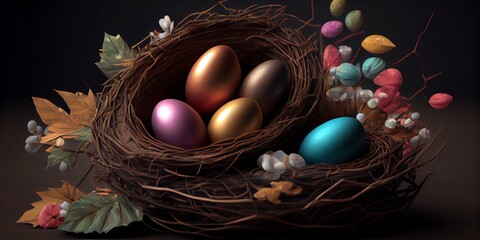 Fototapeta na wymiar 3d rendered Illustration of colorful easter nest with easter eggs. Generative AI