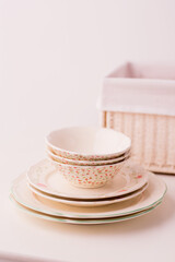 Closeup of porcelain plates and bowls