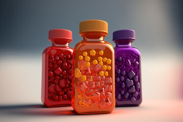 Multivitamin gummies in a group of red, orange, and purple with the bottle isolated on a white background. Generative AI - obrazy, fototapety, plakaty