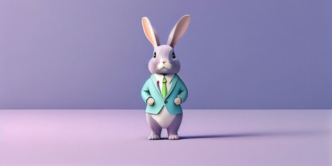 3d rendered Illustration of Easter pastel creative concept. Little cute bunny stands like a man on two legs in a pastel suit. welcoming the holidays. Small animal rabbit. Illustration. Generative AI