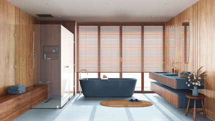 Japandi wooden bathroom in blue and beige tones. Freestanding bathtub, shower and washbasin with mirror. Marble tiles floor. Clean interior design