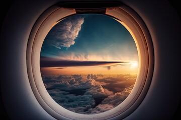 Inside plane window under sunrise cloud Made with Generative AI