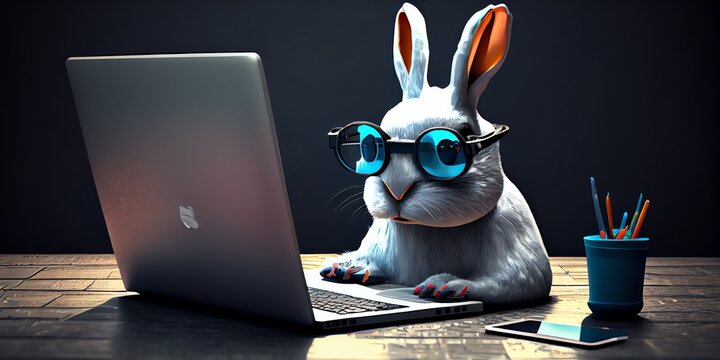 3d rendered Illustration of Programmer easter bunny on laptop. Generative AI